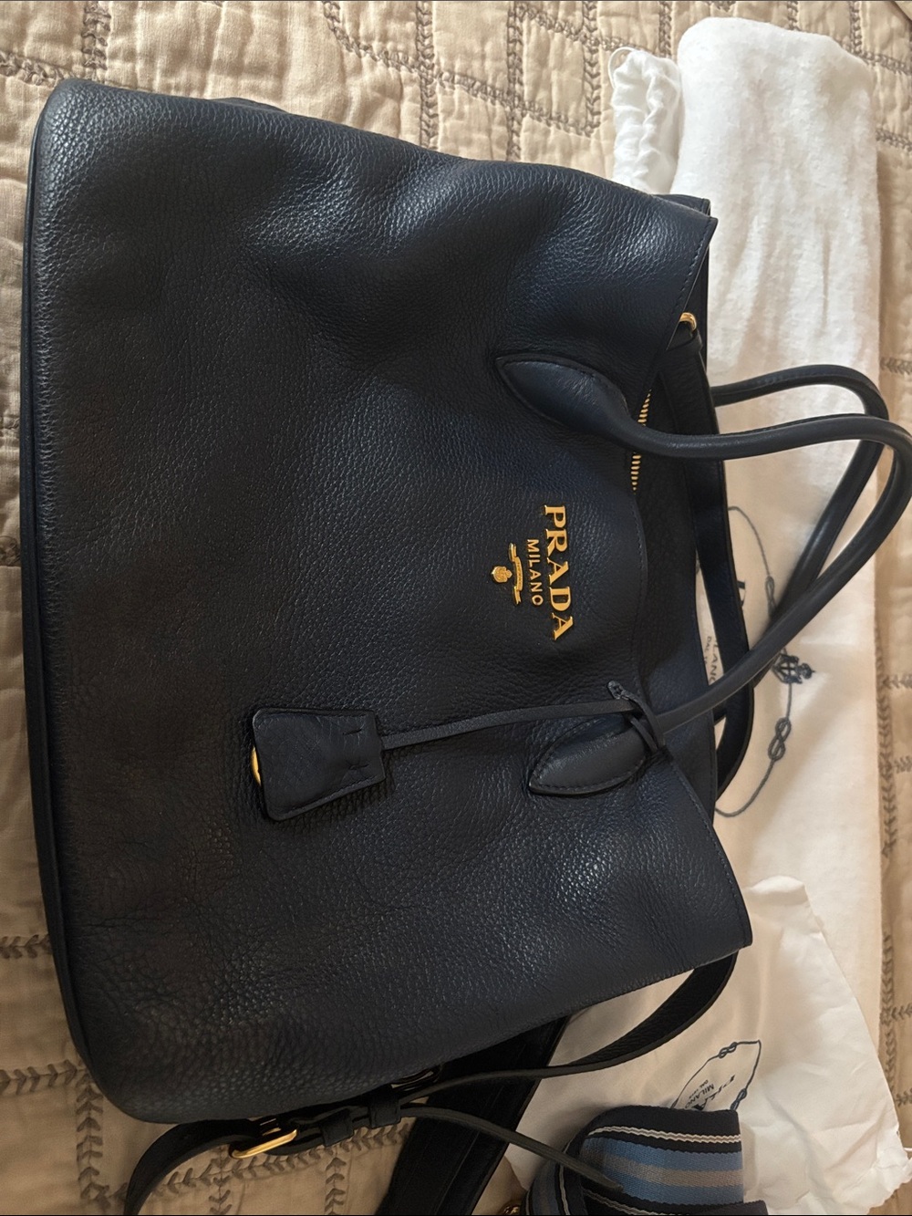 Prada Navy Leather Tote with Gold Logo Detail - Picture 5 of 10